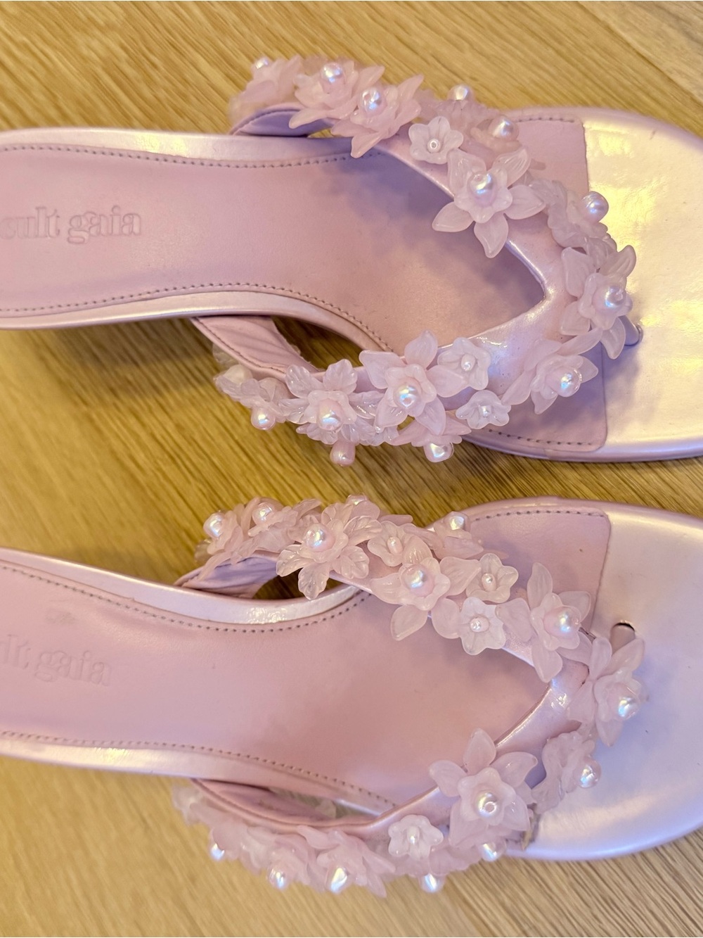 cult gaia pink floral pearl-embellished slide sandals